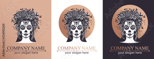 Logo in Calavera style. Dia de los muertos, Day of the dead is a Mexican holiday. Girl with flowers in her hair and Woman with make-up - sugar skull.
