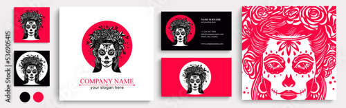 Logo in Calavera style. Dia de los muertos, Day of the dead is a Mexican holiday. Girl with flowers in her hair and Woman with make-up - sugar skull.