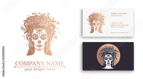 Logo in Calavera style. Dia de los muertos, Day of the dead is a Mexican holiday. Girl with flowers in her hair and Woman with make-up - sugar skull.
