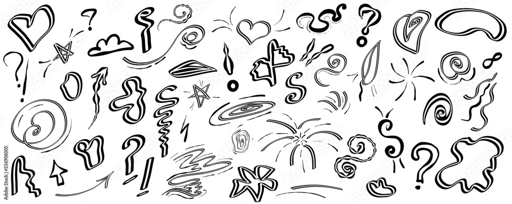 Obraz premium Doodle swish in sketch style. Simple line drawing. Hand drawn scribble set. Hand drawn graffiti doodle with questoins, arrow, heart and line scribble.