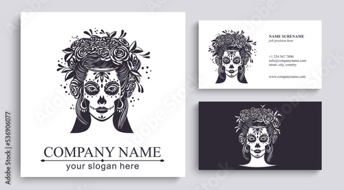 Logo in Calavera style. Dia de los muertos, Day of the dead is a Mexican holiday. Girl with flowers in her hair and Woman with make-up - sugar skull.
