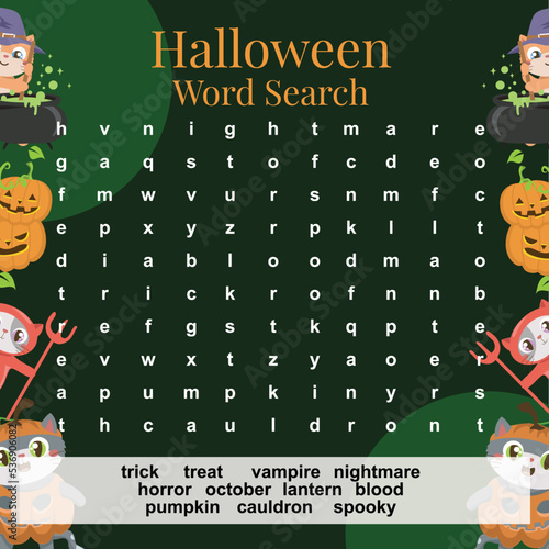 Halloween word search worksheet. crossword worksheet Halloween theme for kids. Ready to print file. Printable activity kit for children. Vector illustration file.