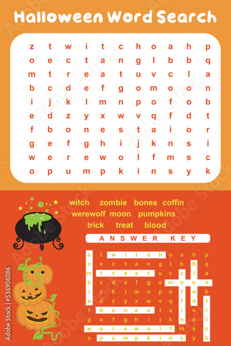 Halloween word search worksheet. crossword worksheet Halloween theme for kids. Ready to print file. Printable activity kit for children. Vector illustration file.