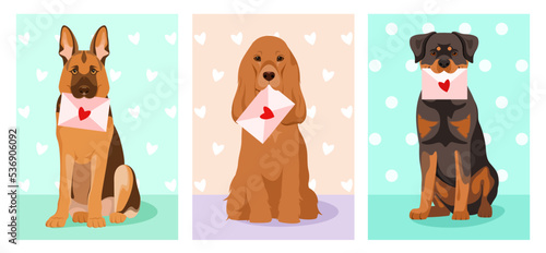 A set of postcards with cute dogs and envelopes. Cartoon design.