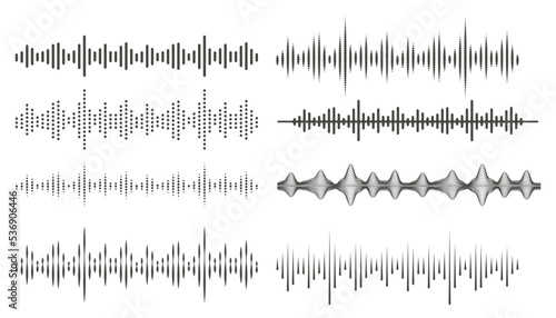 Audio waves in abstract style. Audio and voice frequency lines. Volume equalizer symbols. Vector set on white background.