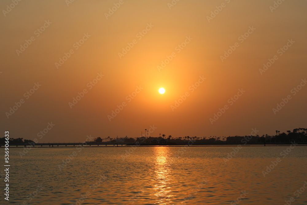 Beautiful view of sunset on the beach at Jeddah Corniche.
Beautiful view of sunset on the beach at Jeddah Corniche.