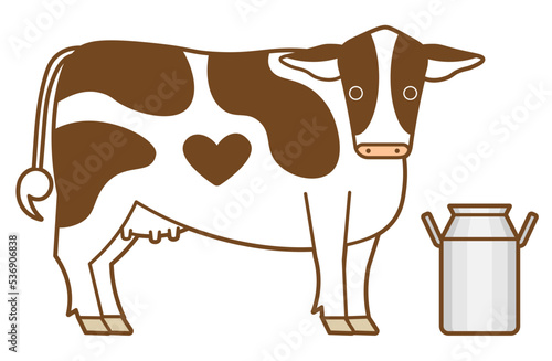 ハート模様のある乳牛とミルク缶：はっきり見やすいタッチ