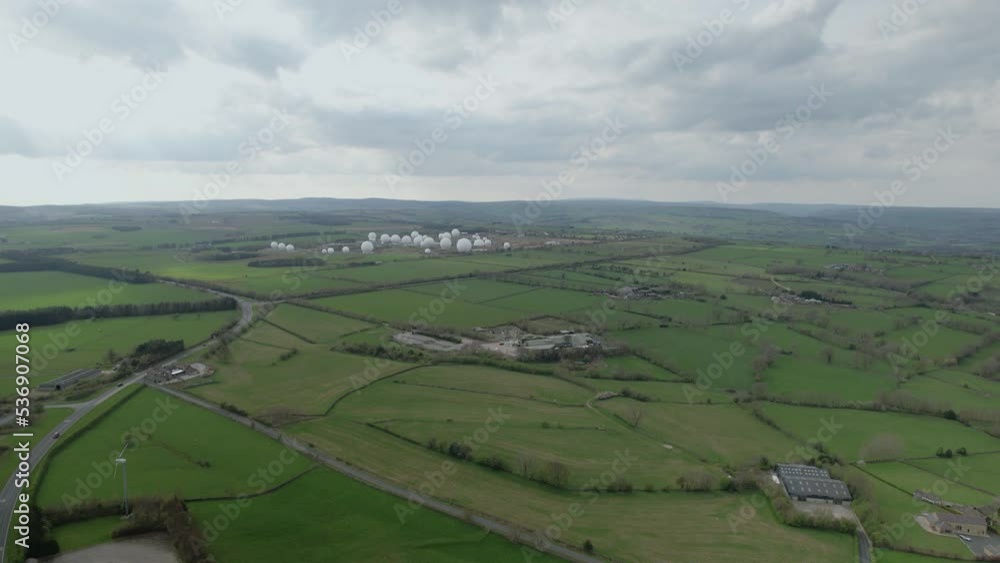 Green Fields Around RAF Menwith Hill Station Near Harrogate In North Yorkshire, England. aerial ascend Green Fields Around RAF Menwith Hill Station Near Harrogate In North Yorkshire, England. aerial ascend