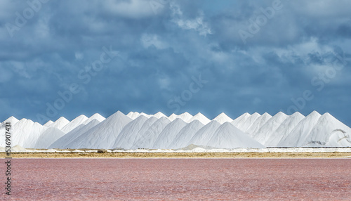 Piles of salt at the Saltpans (Zoutpannen) pink lakes of Bonaire in the Caribbean, Neteherlands Antilles