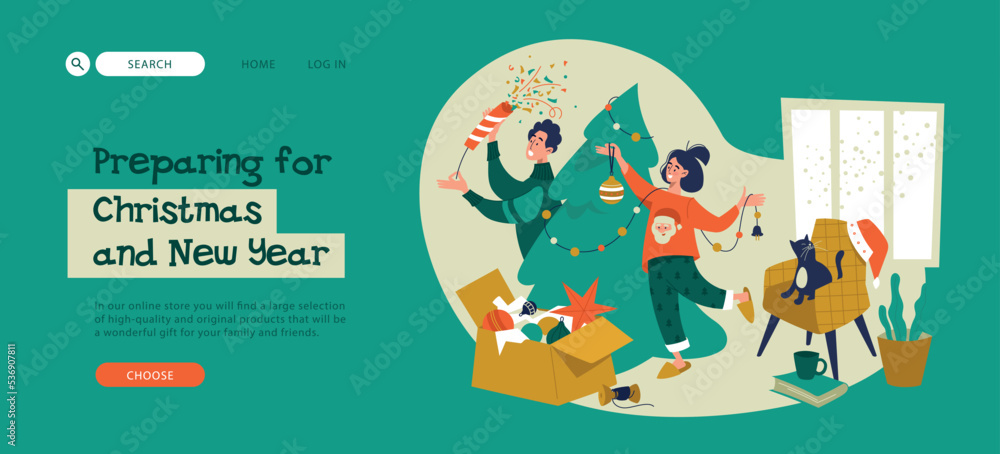 Man and woman are preparing for christmas and new year. A happy family decorates a Christmas tree in a cozy interior. Trendy characters celebrate winter holidays. Image for website, landing page. Man and woman are preparing for christmas and new year. A happy family decorates a Christmas tree in a cozy interior. Trendy characters celebrate winter holidays. Image for website, landing page.