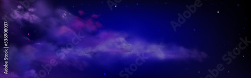 Dark blue sky with stars and fluffy clouds at night. Starry panorama of sky at midnight. Purple clouds on background of galaxy, vector realistic illustration