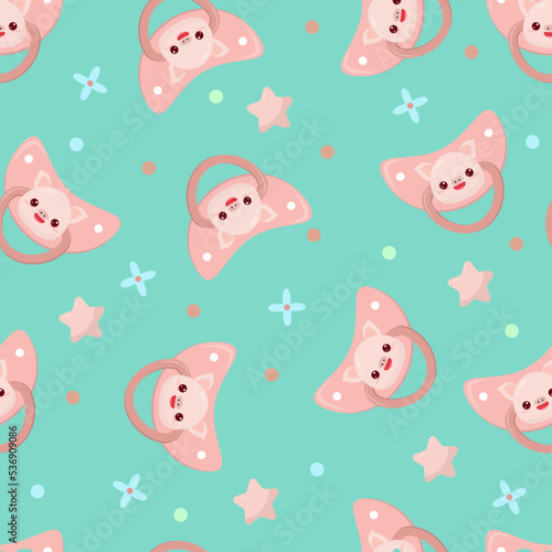 Seamless children's pattern on a green background. A dummy with a pig. Pacifier for children