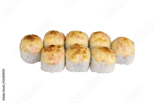 baked roll with baked cheese on top of a white background, insulated