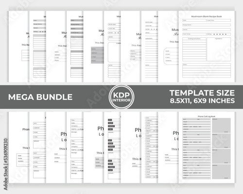 KDP Interior Bundle Mushroom Blank Recipe, Phone Call Log Book Unique Design Template