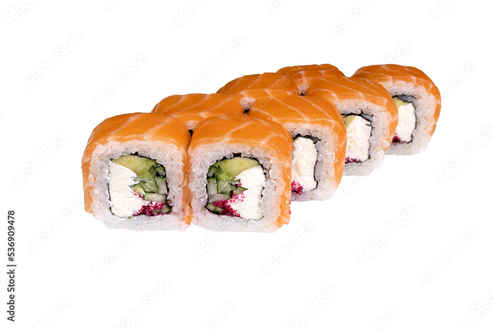 Philadelphia roll with salmon and mango on a white background, isolate