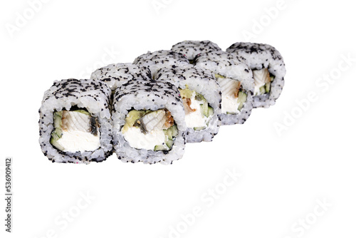 Sushi roll california in sesame with eel. Sushi stands on a white background.