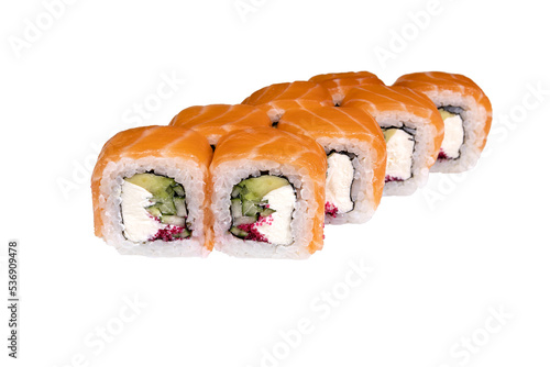 Philadelphia roll with salmon and mango on a white background, isolate
