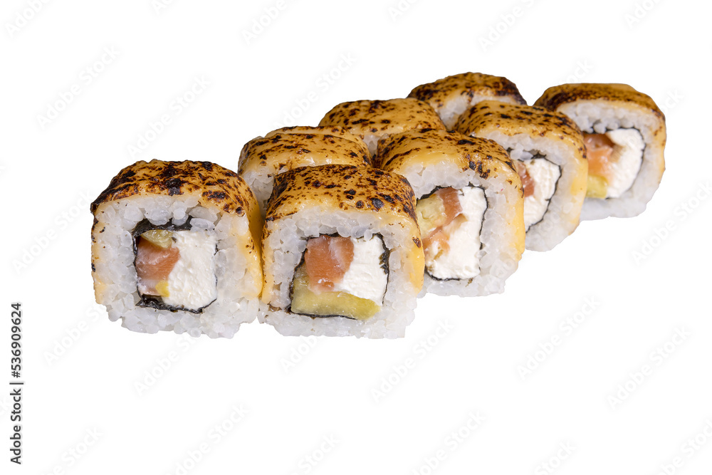 Roll with baked cheese and salmon on a white background, isolated