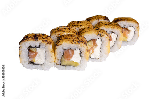 Roll with baked cheese and salmon on a white background, isolated