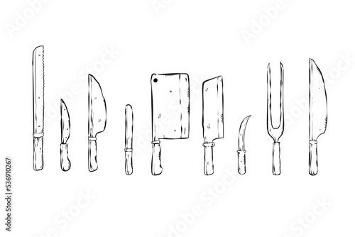 Utensil knife drawing outline set illustration for halloween and food menu in restaurants