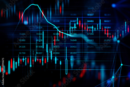 Foto Glowing candlestick forex chart and map hologram on dark backdrop