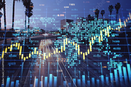 Abstract forex chart with candlestick graph  index and tech hologram on blurry bright city backdrop. Trade  stock  and finance concept. Double exposure.