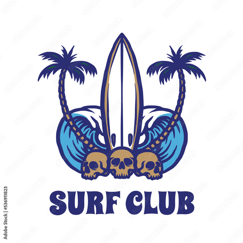 Hand drawn surf club skull logo