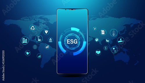 Abstract ESG with icon concept phone and world map sustainable corporate development Environment, Social, and Governance on a modern blue background.