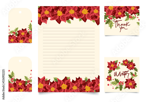 Holiday Party invitation with Poinsettias Christmas Flower. Christmas botanical plants, flowers.