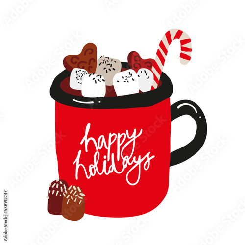 Hot chocolate in red mug Isolated on white background. Cocoa drink with marshmallows. Vector illustration in cartoon simple flat style.