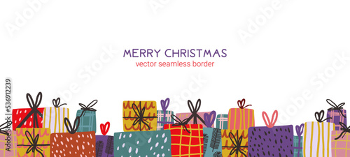 Border vector whith gift boxes. Christmas and Holiday Gifts Snow Winter Background photo