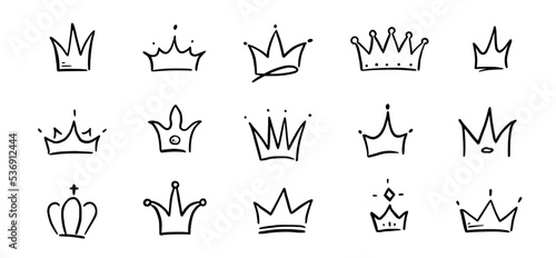 Doodle crown hand drawn set. Doodle princess crown, queen tiara. Line sketch royal element. Queen, king hand drawn simple design element. Isolated vector illustration.