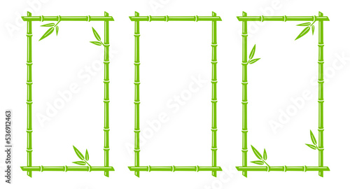 Green bamboo trunk rectangle frames. Vertical natural text boxes. Bamboo branch borders with leaves. Blank frame template. Vector illustration isolated on white background.