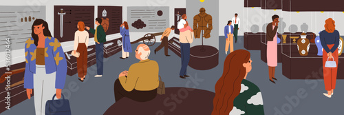 People in ancient and medieval history museum. Visitors tourists at archeology exhibit, historical exhibition with old objects display in archaeological gallery panorama. Flat vector illustration