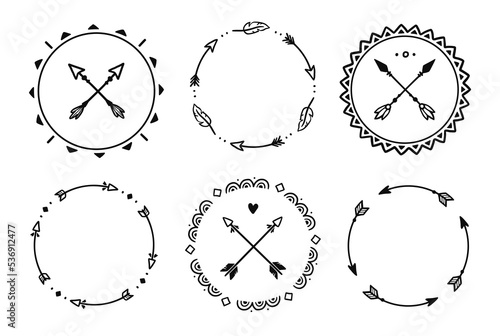 Boho arrow circle frame set. Hand drawn doodle african, aztec rustic ethnic arrow border, ornament circle frame. Tribal boho decor design. Vector illustration.