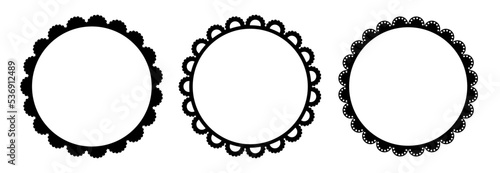 Scalloped edge round strokes set. Simple circle scalloped border. Fabric laces silhouette frame. Repeat cute vintage frill ornament. Texture ribbons. Vector illustration isolated on white background.