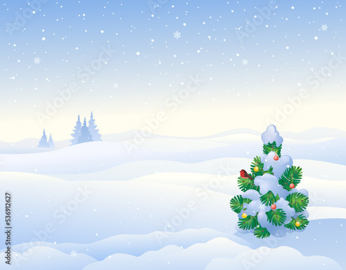 Vector illustration of a christmas snowscape background, winter day landscape