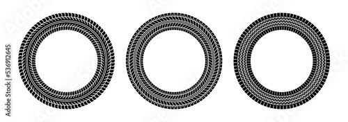 Auto tire tread circle frames set. Car and motorcycle tire pattern, wheel tyre tread track print. Black tyre round border. Vector illustration isolated on white background.