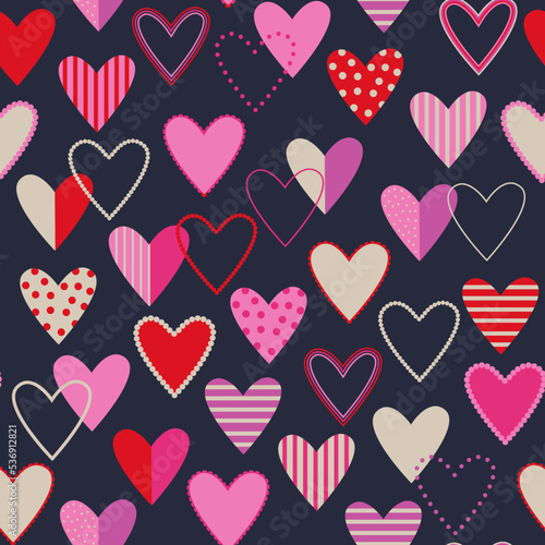 Seamless vector pattern with romantic hearts on dark background. Love background for Valentine's day. For textiles, clothing, bed linen, office supplies.