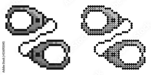 Pixel icon. Metal handcuffs to neutralize criminals. Outfit and equipment of police. Simple retro game vector isolated on white background