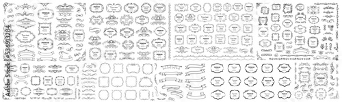 Big set of vector graphic elements for design. Decorative swirls or scrolls, vintage frames , flourishes, labels and dividers. Retro vector illustration