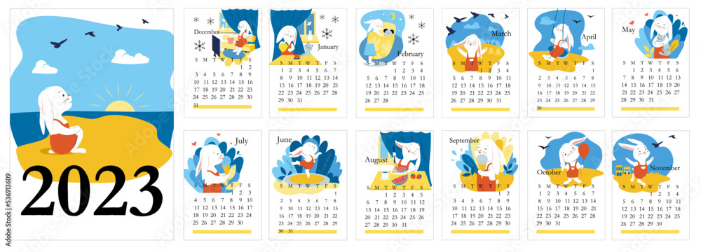 The 2023 calendar with bunny for Happy New Year