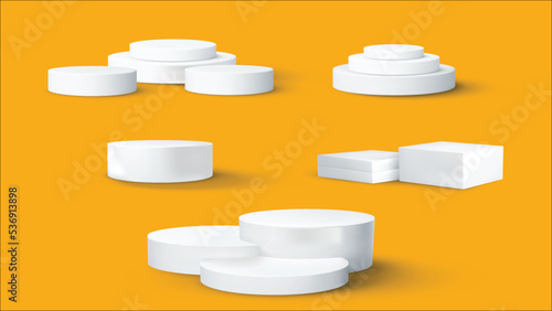 Set of realistic white blank products podium scene isolated on reverberation background