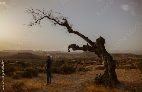 Adult man standing on desert during sunset. Almeria  Spain
