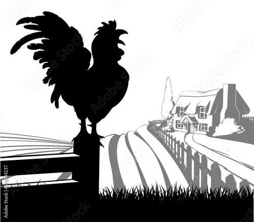 An illustration of a farm house thatched cottage in an idyllic landscape of rolling hills with a cockerel crowing in silhouette standing in the foreground