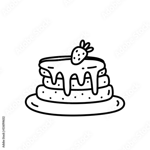 Cute pancakes with strawberry jam decorated with berries. Sweet food isolated on white background. Vector hand-drawn illustration in doodle style. Perfect for cards, decorations, logo, menu.