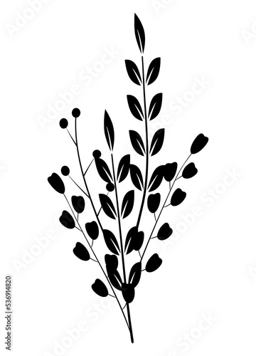 Flower composition. Black silhouette of a bouquet with twigs, leaves of various shapes, berries. Design element, graphic drawing, clipart. Vector illustration isolated on white background