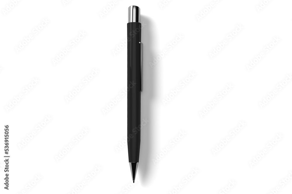 Black ballpoint pen, top view, isolated on white background. 3d rendering. Black ballpoint pen, top view, isolated on white background. 3d rendering.