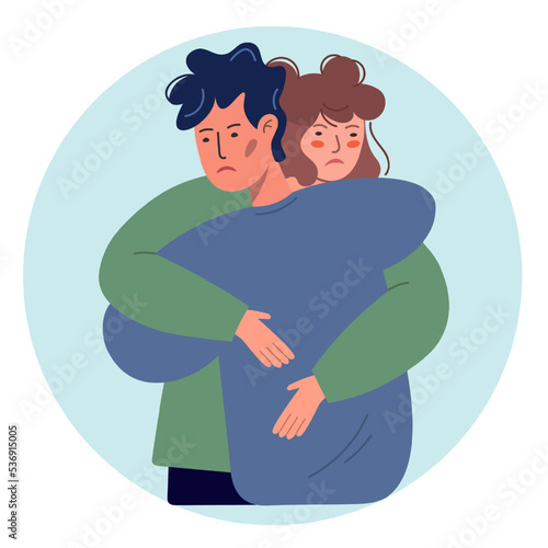 The couple embrace before breaking up. A young girl says goodbye to a guy. A man goes on a trip or a business trip, a sad woman escorts him to the front. Sad scene. Vector isolated flat illustration