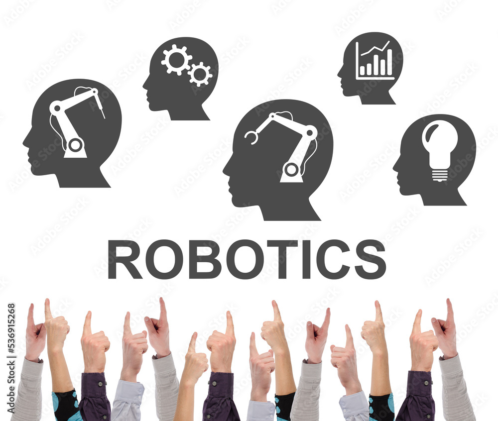 Robotics concept pointed by several fingers Robotics concept pointed by several fingers